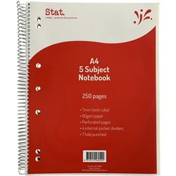 Stat 5 Subject Notebook Spiral A4 7mm Ruled 60gsm 250 Page Red PACK5