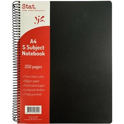 Stat 5 Subject Notebook A4 7mm Ruled 60gsm 250 Page Poly Cover Black PACK5