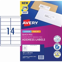 Avery Quick Peel Address Laser & Inkjet Label White L7163 99.1 x 38mm 14UP 140 Labels