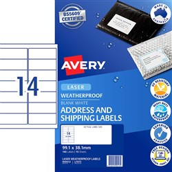 Avery Weatherproof Shipping Laser Labels L7073 99.1x38.1mm 14UP 140 Labels 10 Sheets