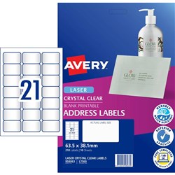 Avery Crystal Clear Laser Address Label 63.5x38.1mm 21UP 210 Labels 10 Sheets