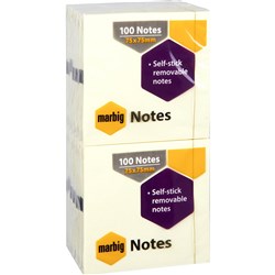 Marbig Repositionable Notes 75x75mm Yellow 100 Sheets Pack Of 12