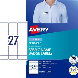 Avery Fabric Name Badge Laser Labels White L4784 63.5x29.6mm 27UP 405 Labels 15 Sheets