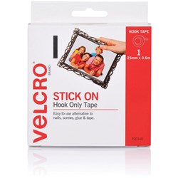 Velcro Brand Stick On Hook Only 25mm x 3.6m Tape With Dispenser White