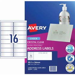 Avery Crystal Clear Laser Address Labels White L7562 99.1x34mm 16UP 400 Labels