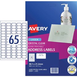 Avery Crystal Clear Laser Address Labels White L7551 38.1x21.2mm 65UP 1625 Labels