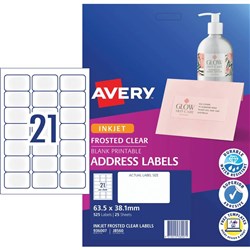 Avery Frosted Clear Inkjet Address Labels J8560 63.5x38.1mm 21UP 525 Labels