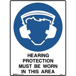 Brady Mandatory Sign Hearing Protection Must Be Worn 450W x 600mmH Poly White/Blue