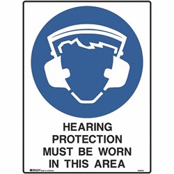 Brady Mandatory Sign Hearing Protection Must Be Worn 450W x 600mmH Metal White/Blue