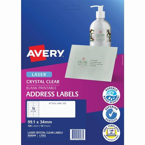 Labelling - Avery Crystal Clear Laser Address Label 99.1x34mm 16UP 160 ...